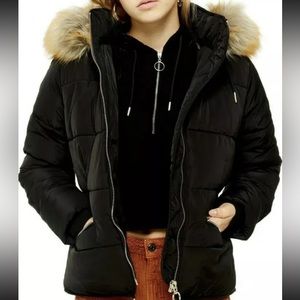 NWT Topshop US Size 4 Black Insulated Puffer Coat Removable Faux Fur Hood $125